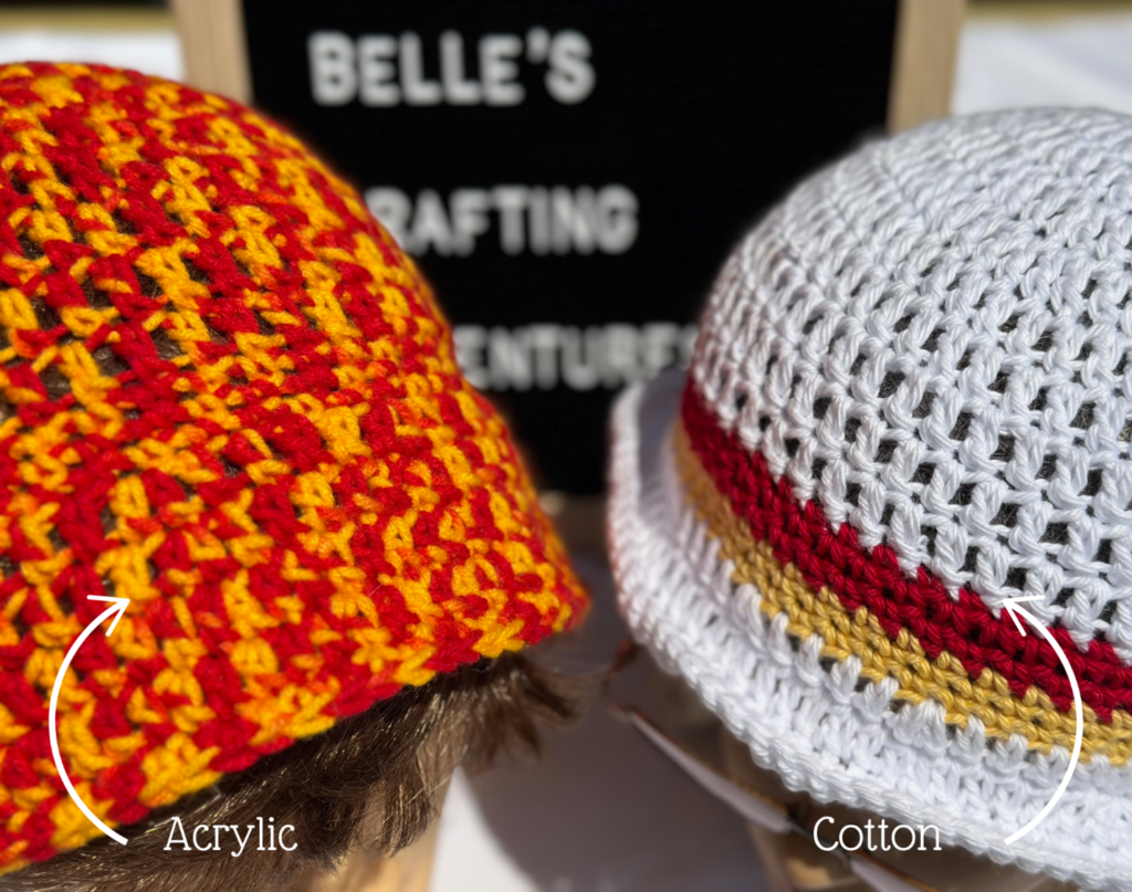 A close up of acrylic yarn on the left and regular cotton yarn on the right