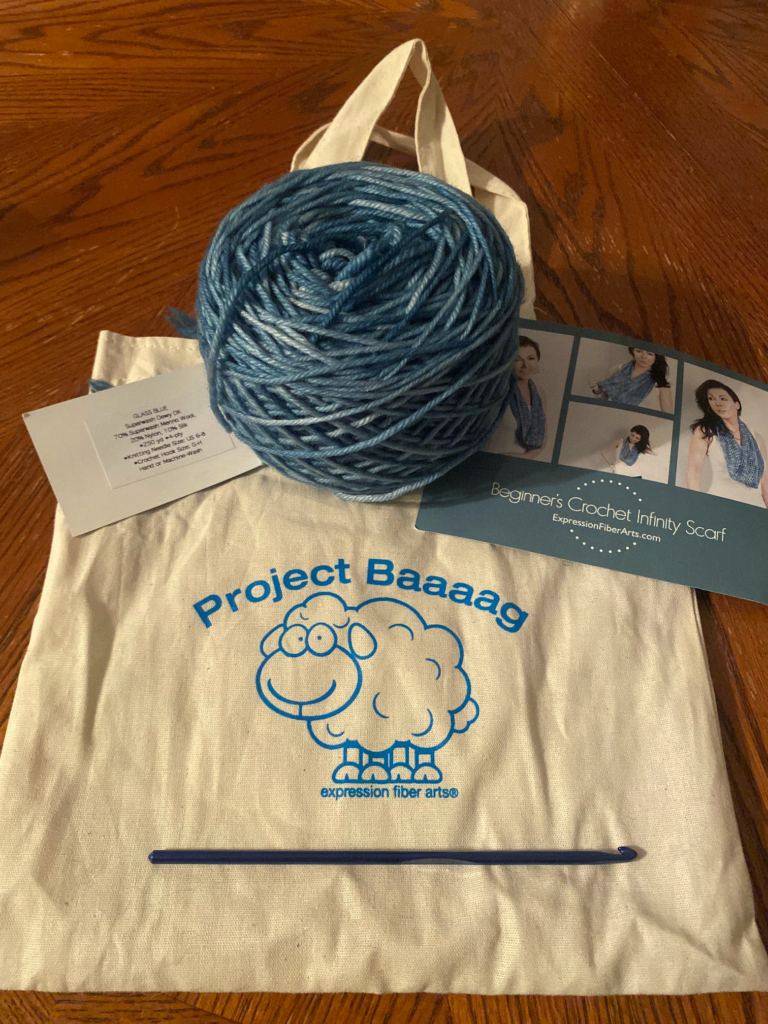 A Project Baaaag that included an infinity scarf pattern, a skein of yarn and a crochet hook